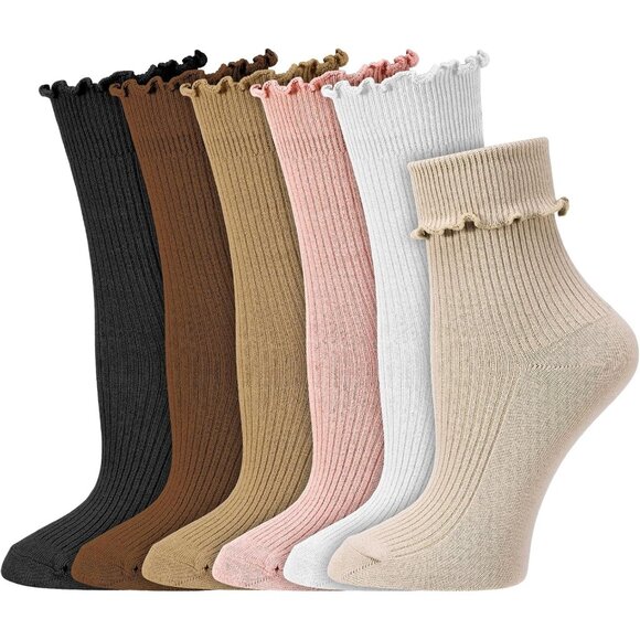 Guiqulai 6 Pairs Ruffle Ankle Socks Women Cotton Knit Turn-Cuff Crew Socks - Picture 1 of 7
